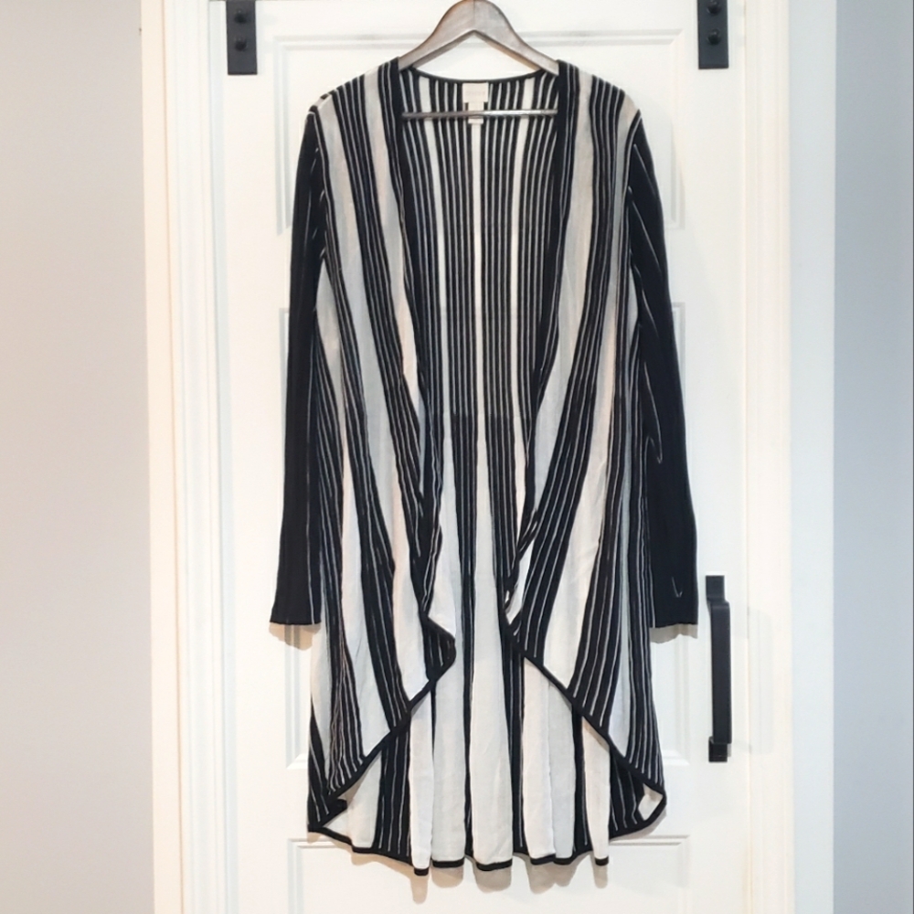 Chicos 3 Open Front Long Cardigan Sweater Womens XL Black White Stripe Stretch